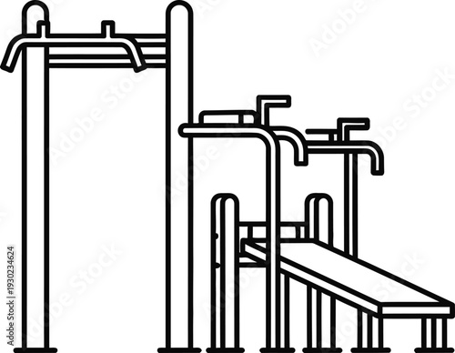 A simple line drawing of an outdoor fitness equipment setup for public use.