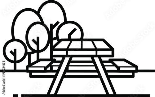 A simple black and white illustration of a picnic table with trees.