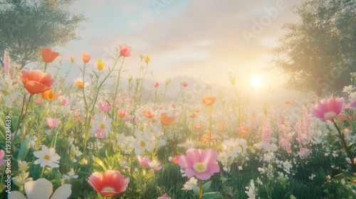 Vibrant sunrise over colorful wildflower meadow in scenic landscape