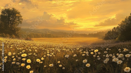 Golden sunset over daisy field with scenic clouds and trees
