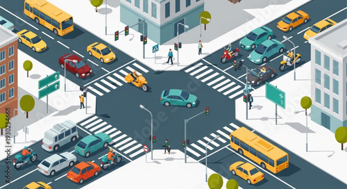 Busy City Intersection with Vehicles.