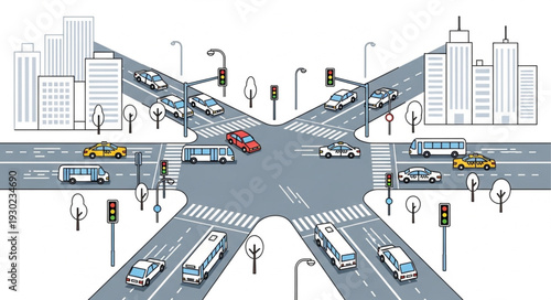 Busy City Intersection with Vehicles.