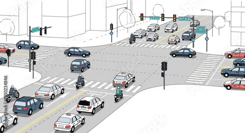Busy City Intersection with Vehicles.