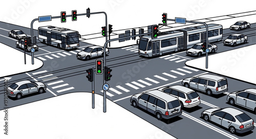Busy City Road Intersection Traffic.