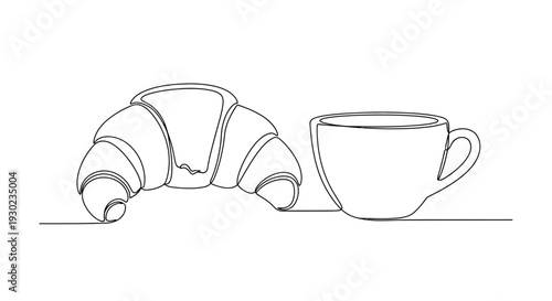 Minimalist single line drawing of a croissant and coffee cup, breakfast, morning, simple, elegant