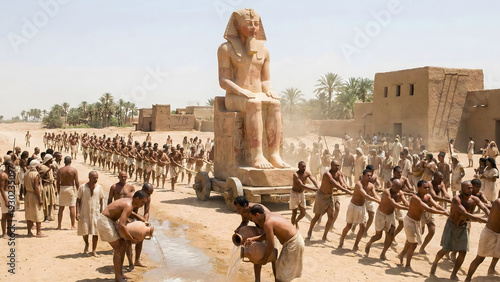 Workers dragging a colossal statue of a Pharaoh on a wooden sledge