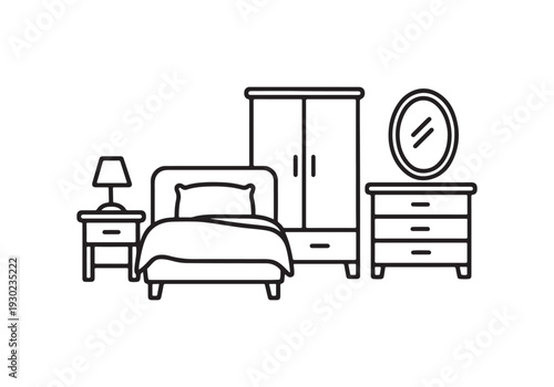 Bedroom Furniture Vector Icons Set – Bed, Wardrobe, Dresser, Mirror, Lamp