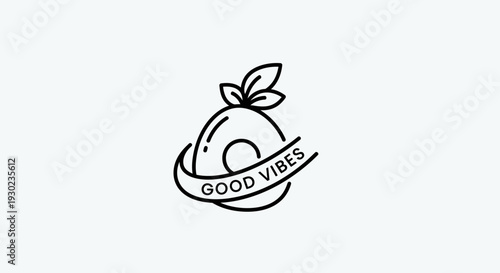Minimalist Line Art Logo of an Orange with "Good Vibes" Ribbon and Leaves