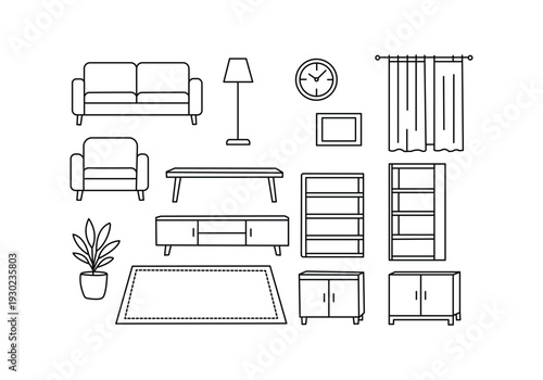  Home Furniture Vector Icons Set – Sofa, Armchair, Lamp, Bookshelf, Plant