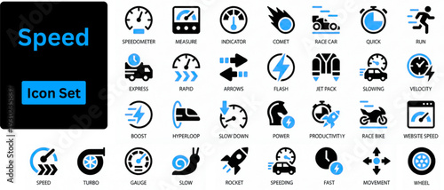 Speed solid icon set contains fast, slow, movement, productivity, indicator, turbo, speeding, gauge, express and speedometer icons.