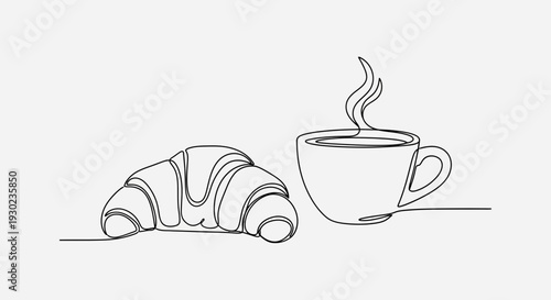 Minimalist line art of a croissant and a steaming cup of coffee, representing breakfast or a break.