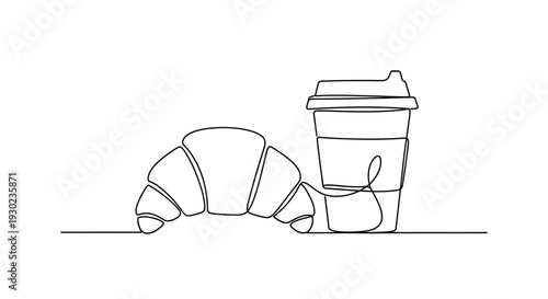 Minimalist line art of a croissant and coffee cup, breakfast, coffee break, simple design