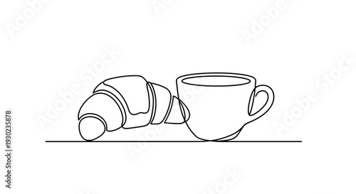 Minimalist line art of a croissant and coffee cup, breakfast, simple line drawing