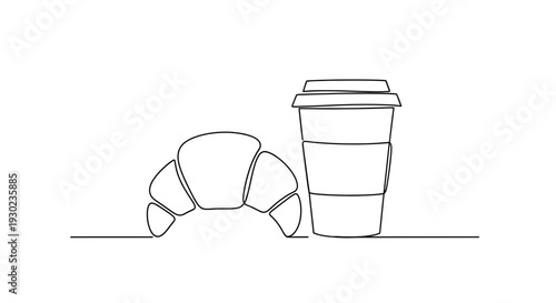 Minimalist line art of a croissant and coffee cup, breakfast, simple, clean design
