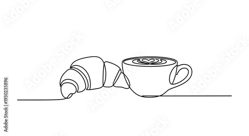 Minimalist line art of a croissant and coffee with latte art, representing breakfast or cafe culture.