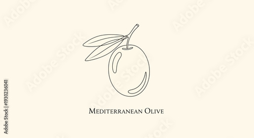 Minimalist Line Art of a Mediterranean Olive Branch with Leaves and Fruit on Beige Background
