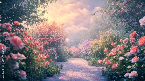 Enchanting flower garden path at sunset with blooming roses and lush greenery