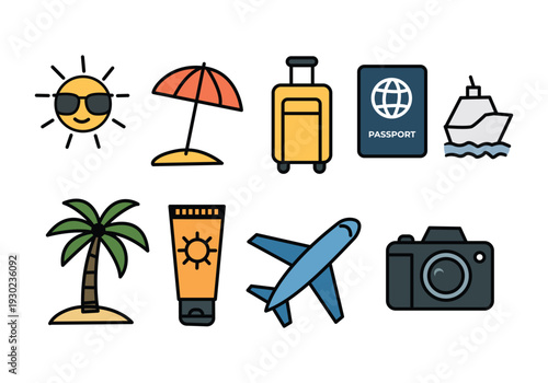  Vacation Travel Vector Icons Set – Sun, Suitcase, Passport, Airplane, Camera