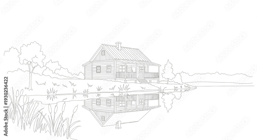 Obraz premium Log Cabin Reflection on Calm Lake at Sunrise, Nature Landscape Drawing