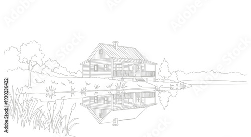 Log Cabin Reflection on Calm Lake at Sunrise, Nature Landscape Drawing