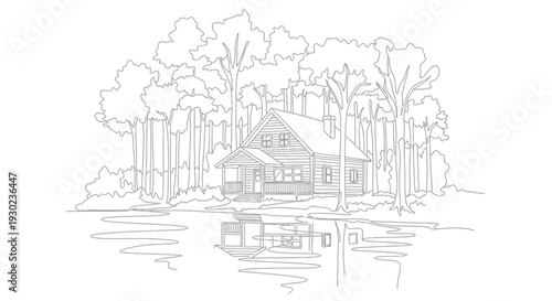 Log Cabin by Lake, Surrounded by Trees, Reflection in Water, Nature Scene