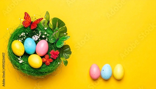 Green grass nest with pastel Easter eggs and colorful butterflies on bright yellow background