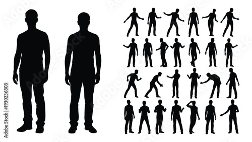 Collection of human silhouettes in various poses and sizes isolated on white background, Vector