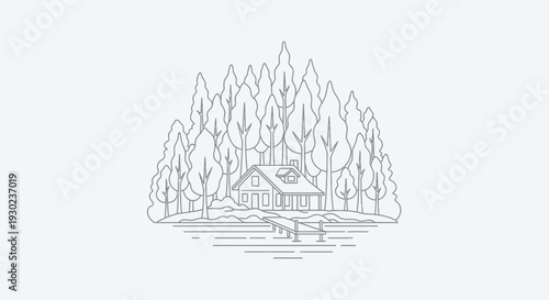 Minimalist Cabin in Forest by Lake with Dock Line Art
