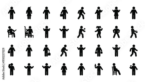 A collection of 30 black silhouettes of people performing various actions isolated on white background, Vector