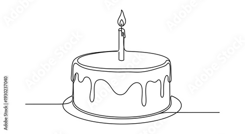 Minimalist continuous line drawing of a birthday cake with a single lit candle, isolated on white.