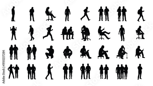 A collection of black silhouettes of people in various poses and actions isolated on white background, Vector