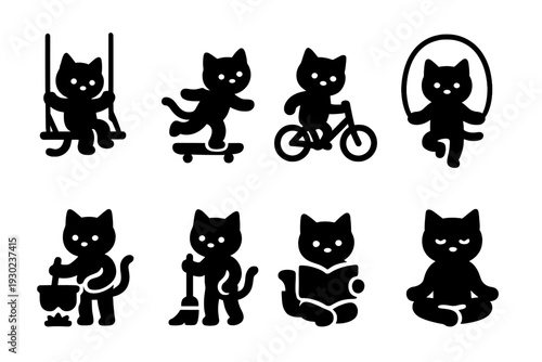 Playful Cat Icons. Playful cat activities. Filled icon set of Playful cat activities: swinging cat, skating