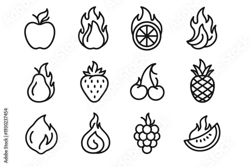 Fruits with Flame Patterns. Fruits shaped by flame patterns. Line outline icon set of Fruits shaped by flame