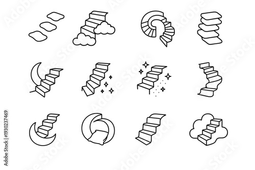 Surreal Staircase Icons. Surreal dream staircases. Line outline icon set of surreal dream staircases: soft