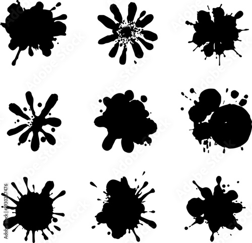 set of ink splashes, ink, paint, vector, splash, drop, design, blot, stain, splat, splatter, dirty, illustration, black, spot, silhouette, art, blood, element, liquid, texture, blob, pattern, spray, s