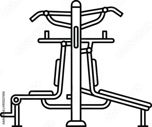 A technical drawing of a multi-functional gym equipment for strength training exercises