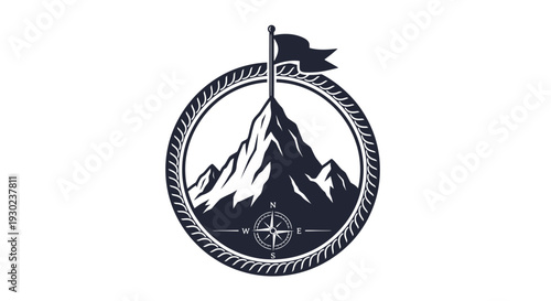 Mountain Peak Summit Flag Compass Emblem Logo.