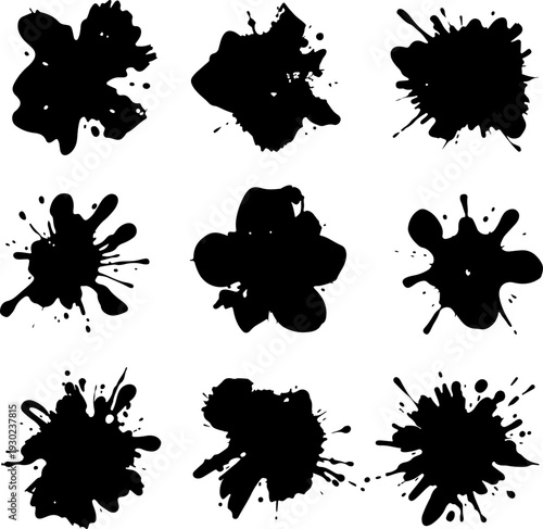 set of ink splashes, ink, paint, vector, splash, drop, design, blot, stain, splat, splatter, dirty, illustration, black, spot, silhouette, art, blood, element, liquid, texture, blob, pattern, spray, s