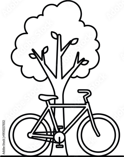 A simple line drawing of a bicycle with a tree growing out of it, symbolizing harmony between nature and technology.