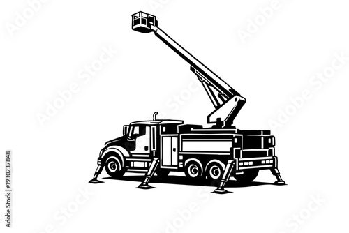 Bucket lift truck with stabilizer outriggers extended and boom raised