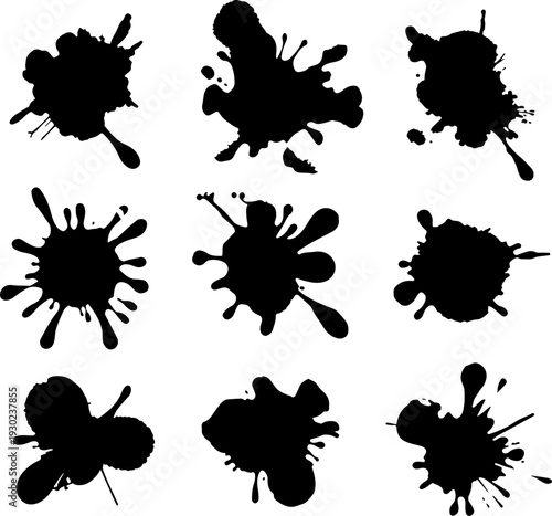 set of ink splashes, ink, paint, vector, splash, drop, design, blot, stain, splat, splatter, dirty, illustration, black, spot, silhouette, art, blood, element, liquid, texture, blob, pattern, spray, s