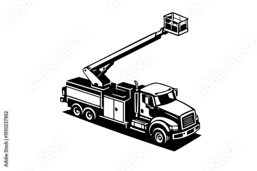 Isometric view of a bucket lift truck showing cabin, chassis, telescopic boom arm