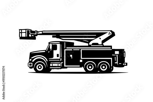 Side profile view of a bucket lift truck with boom arm folded on top of the truck bed
