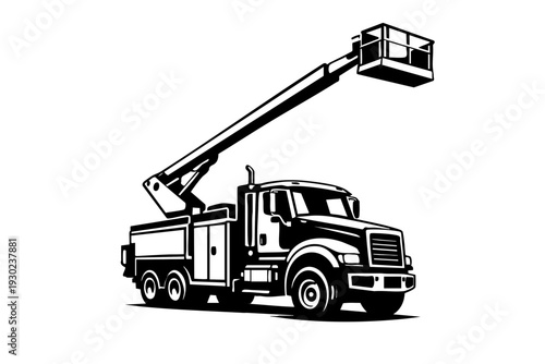 Solid black and white vector illustration of a bucket lift truck