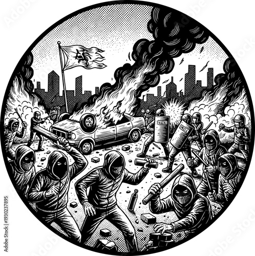 Urban riot scene with masked protesters, burning car, and police in riot gear. Black and white woodcut style illustration of civil unrest and social conflict in a city.