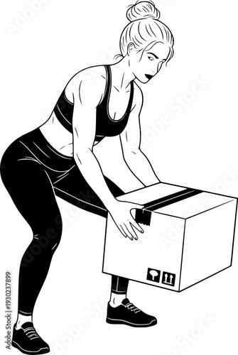Young athletic woman lifting a heavy cardboard box using proper form. Minimalist black and white line art illustration of logistics, moving house, or manual labor concept.