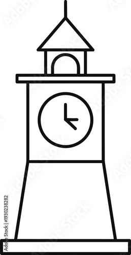 A simple line drawing of a clock tower with a visible clock face and pointed roof.