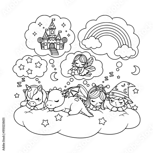 Magical creatures dream of fantasy castle and rainbow