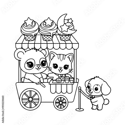 Cute animals run a sweet ice cream cart together happily
