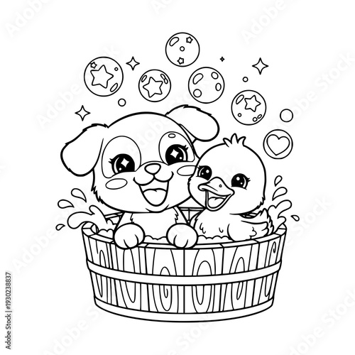 Cute dog and duckling friends enjoy bath time together